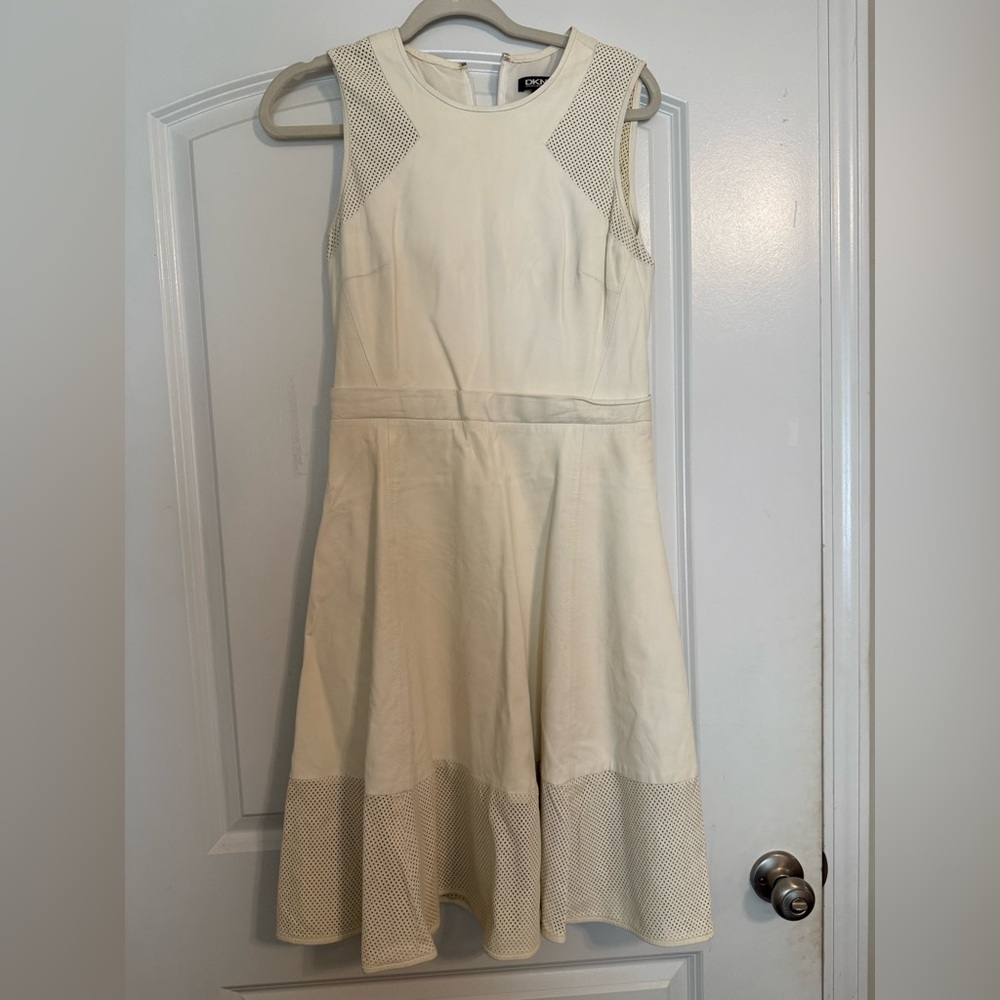 DKNY Women's White Back Zip Leather Sleeveless Dress